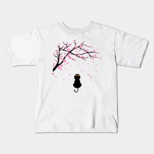 Cute Black Cat Looking Sakura Cherry Blossom Kids T-Shirt